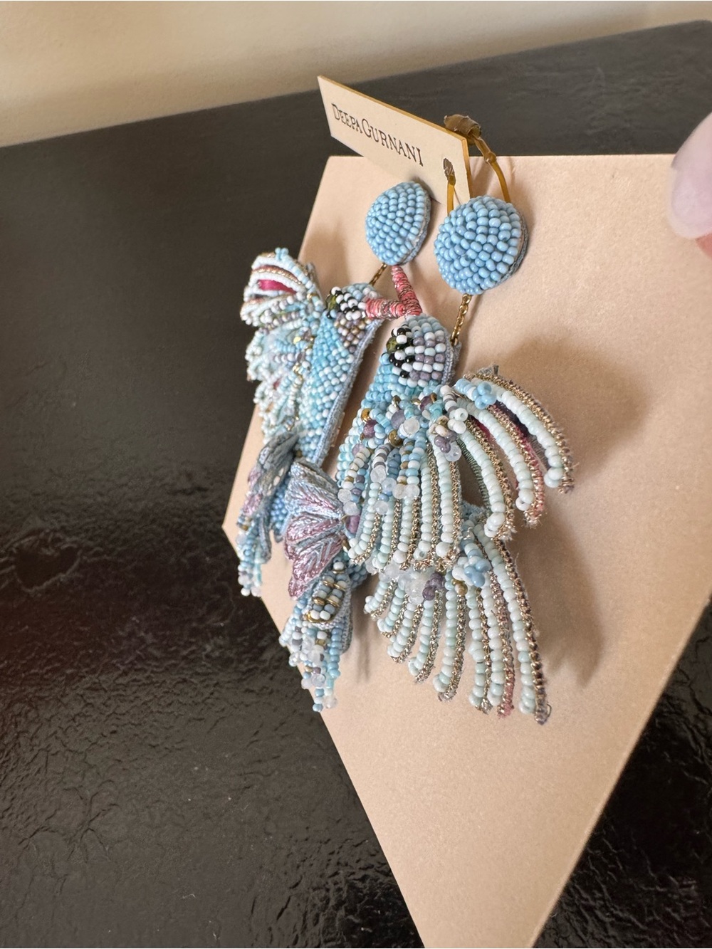 Deepa Gurnani Beaded Hummingbird Drop Earrings NWT in Light Blue/White - Picture 7 of 11